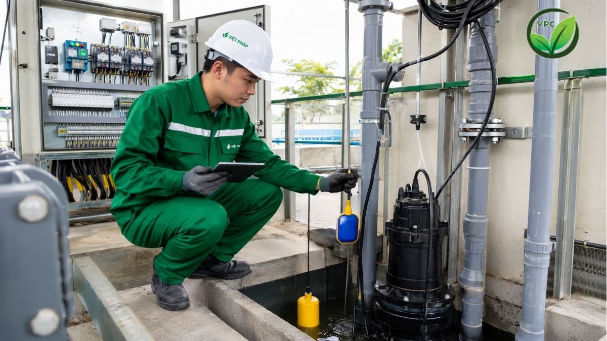Kiểm tra tủ điện phao và bơm nước thải trong trạm xử lý