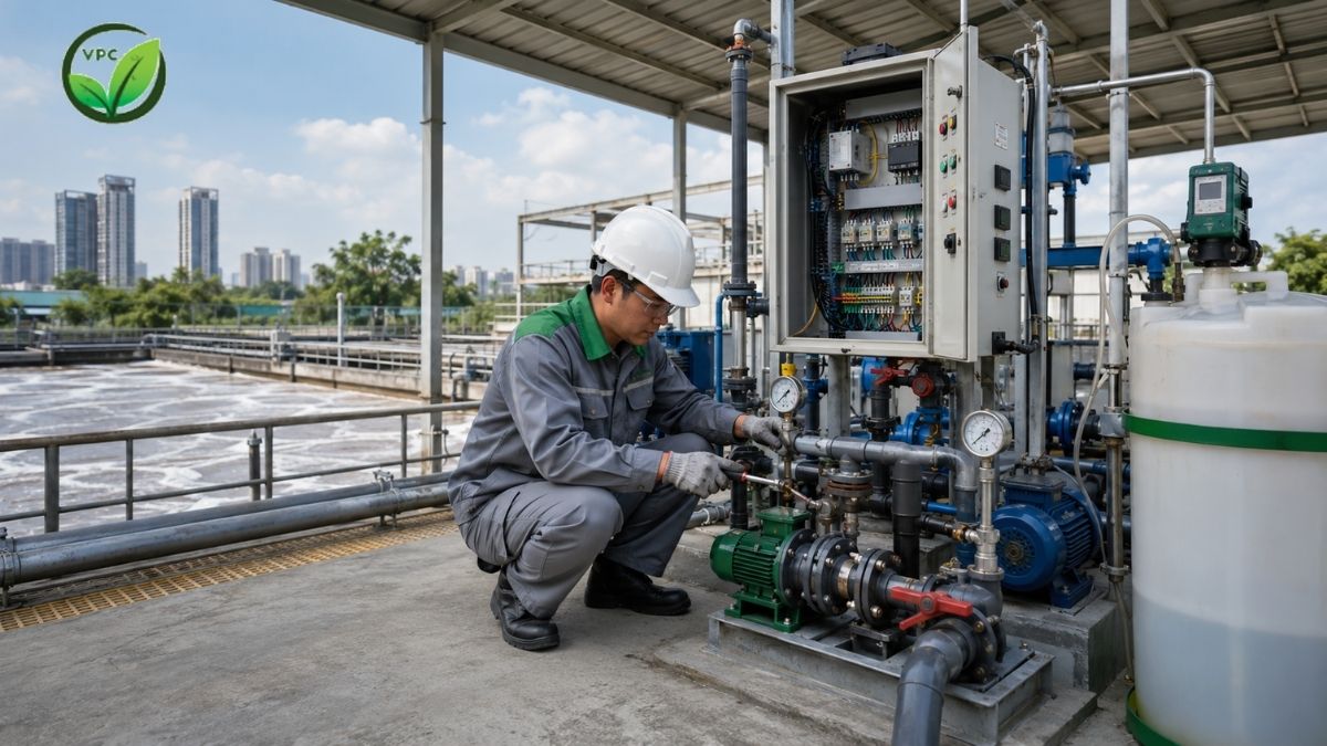 Kỹ thuật viên kiểm tra hệ thống xử lý nước thải tại TPHCM