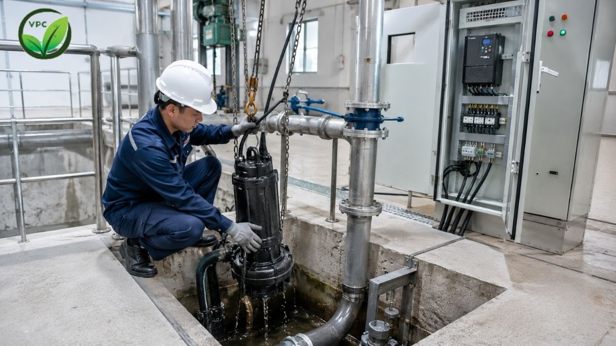Kỹ thuật viên kiểm tra bơm chìm nước thải tại trạm xử lý