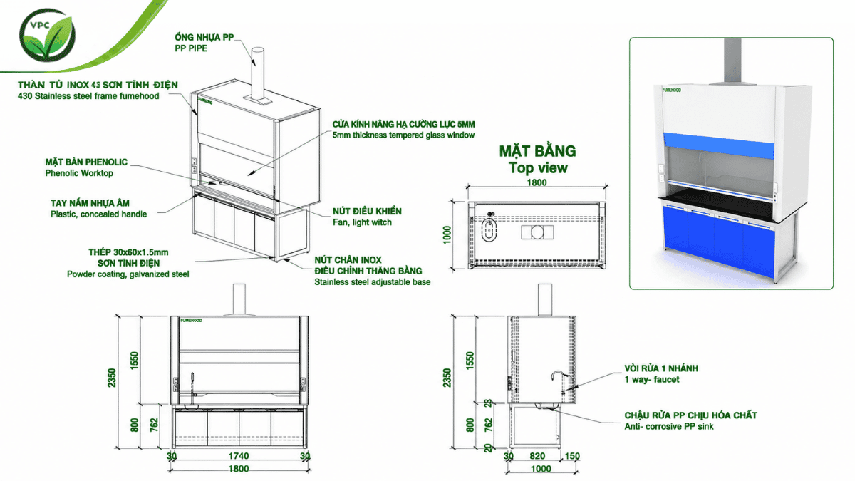 Tủ hút khí độc phòng thí nghiệm và đường ống PP dẫn về tháp xử lý khí thải