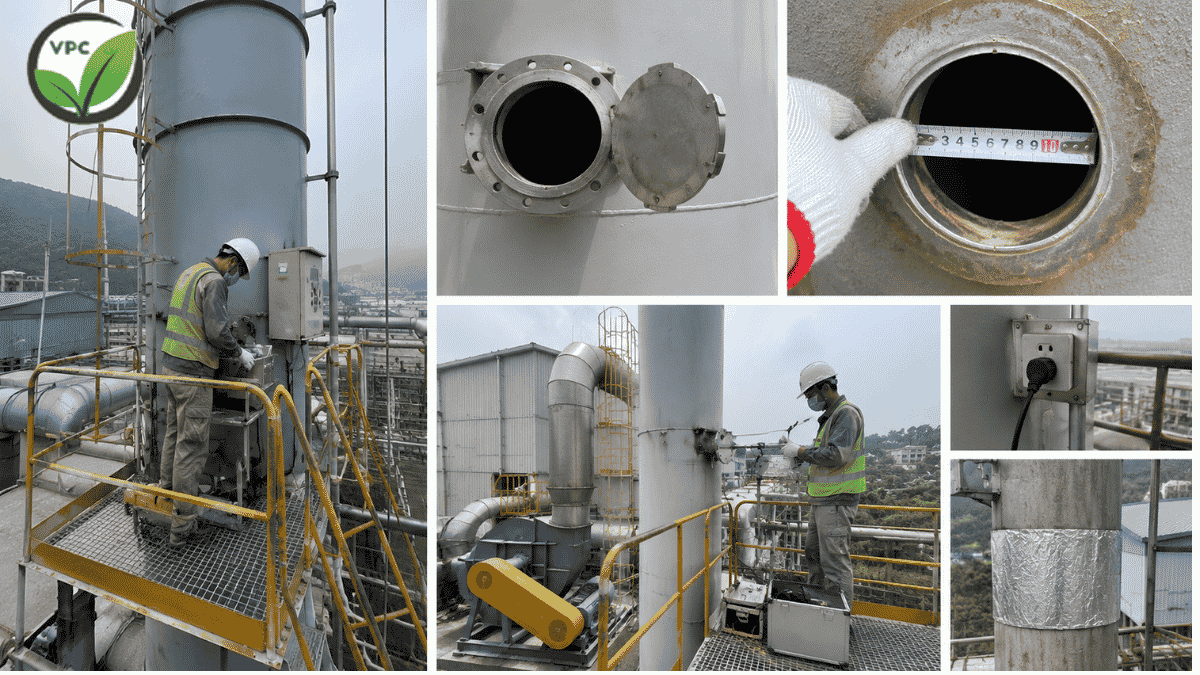Vị trí lỗ lấy mẫu khí thải ống khói và sàn công tác đạt yêu cầu kỹ thuật