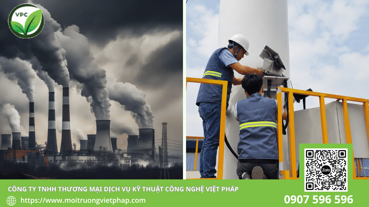 Kỹ thuật viên thực hiện quan trắc khí thải định kỳ tại ống khói nhà máy