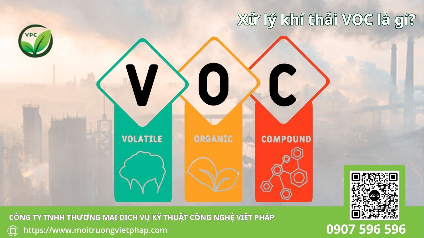 Sơ đồ hệ thống xử lý khí thải VOC gồm chụp hút, tiền xử lý, tháp hấp phụ, quạt hút và ống khói