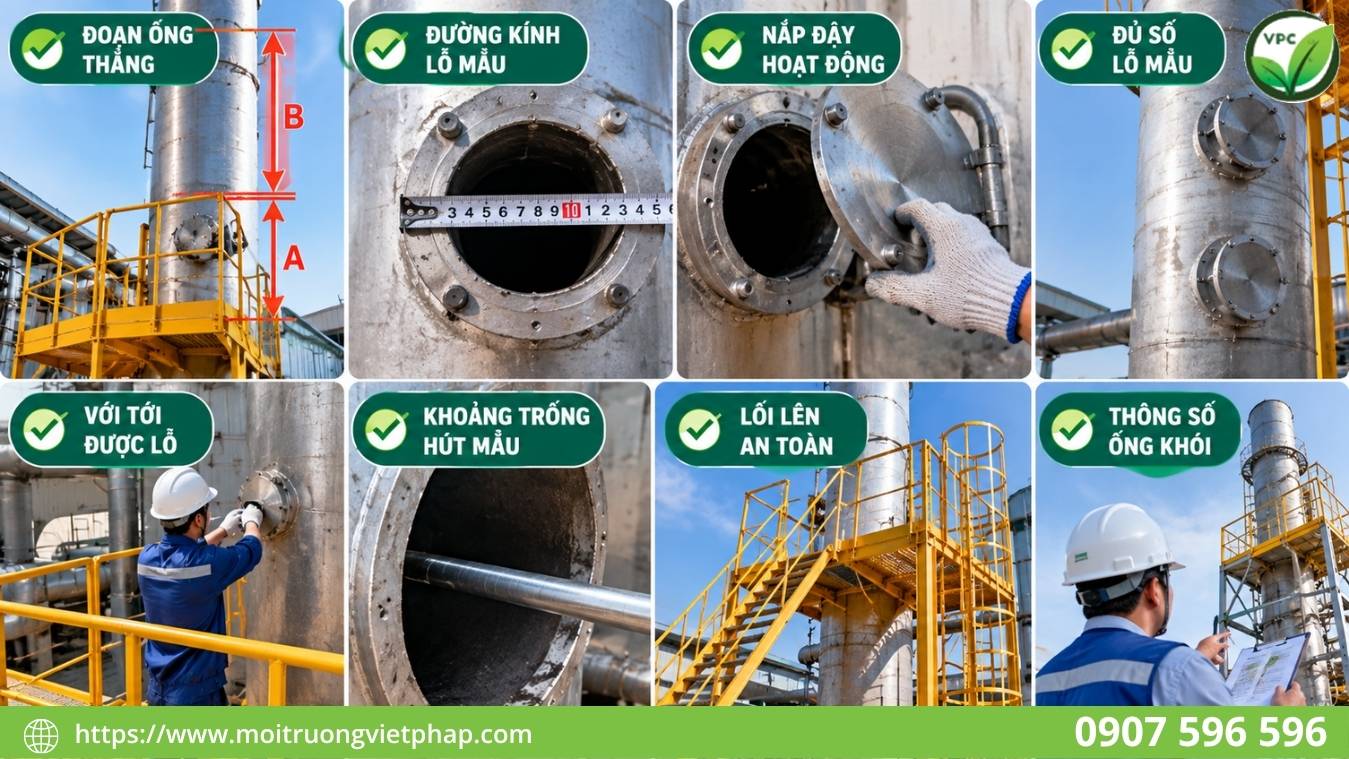 Kỹ thuật viên kiểm tra sàn thao tác lấy mẫu khí thải và lỗ lấy mẫu trước đợt quan trắc